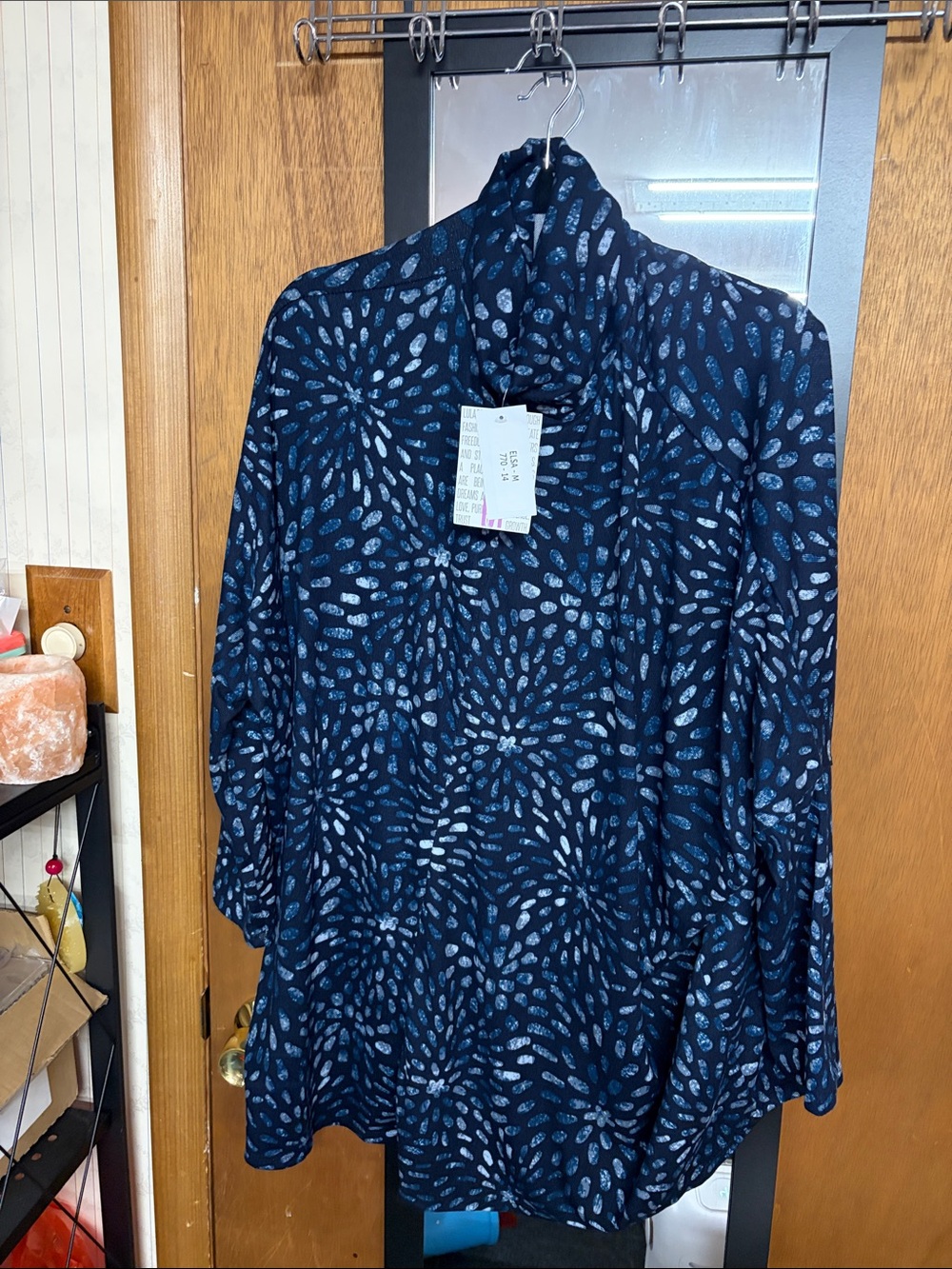 LuLaRoe Navy Blue Printed Cowl Neck Top